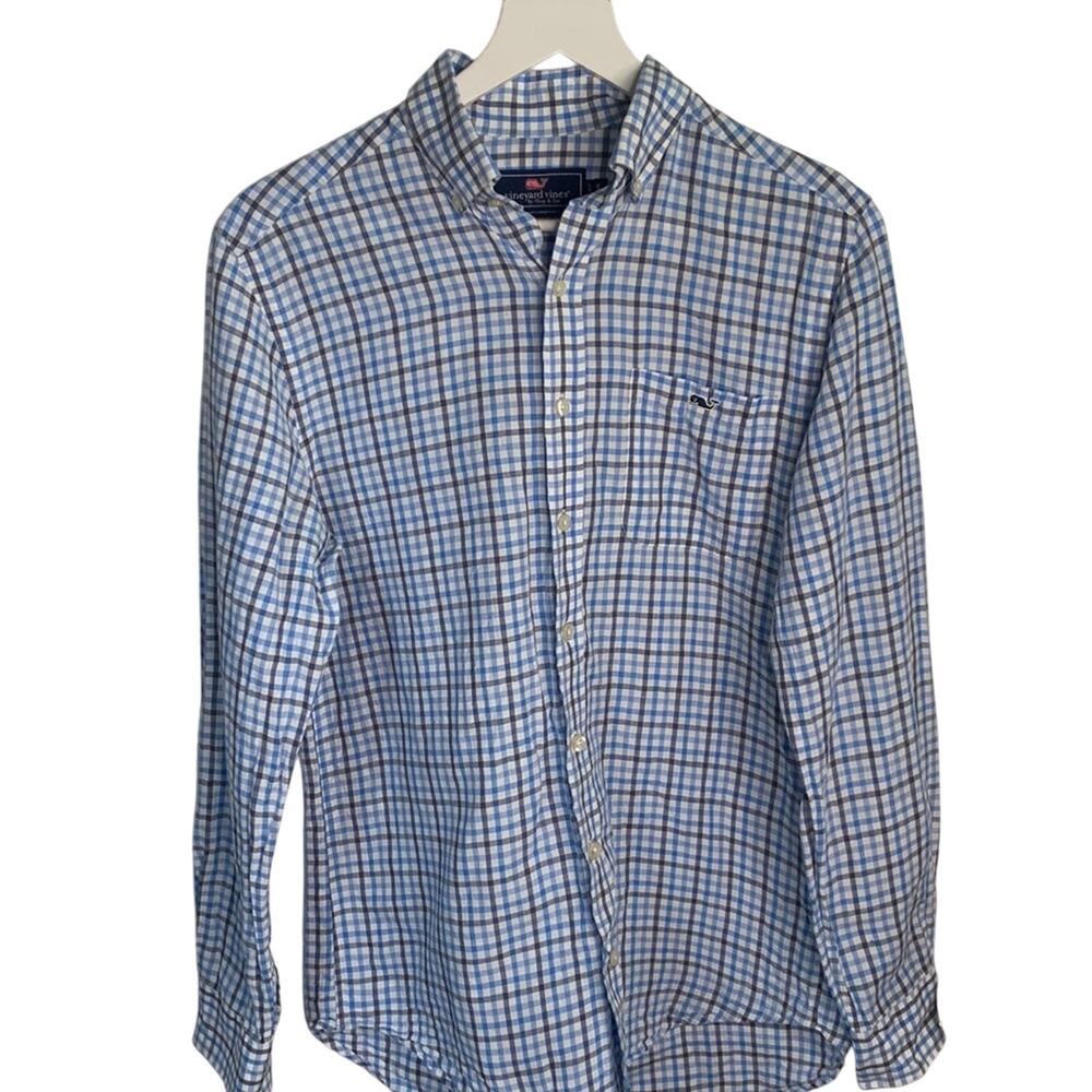 Vineyard Vines Slim Fit Tucker Long-sleeve Plaid Linen/Cotton Shirt M-098 Sz S